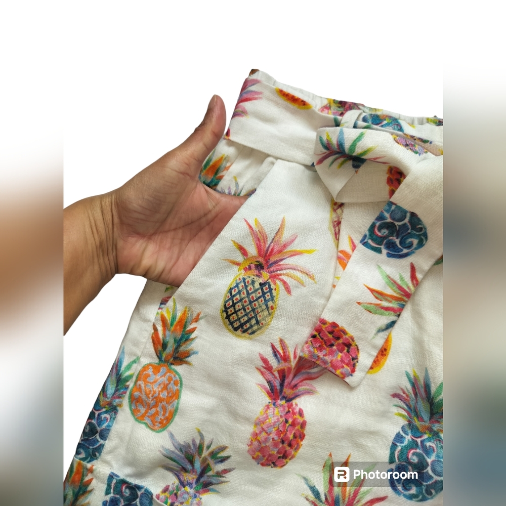 J. Crew women's Pineapple Print Paper Bag Belted Linen Casual Short Size 2 - Picture 2 of 15